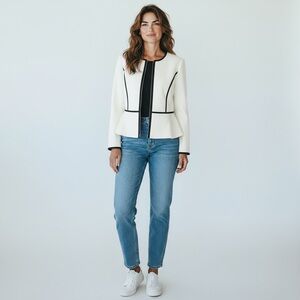 UNWORN DKNY White & Black Contrast Trim Zip Front Peplum Blazer – Size 14